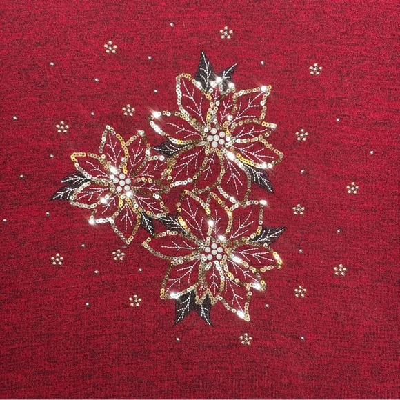 Catherines Beaded Sequin Poinsettias 3/4 Sleeve Holiday Top-Red-Women Size 3X - Picture 3 of 5
